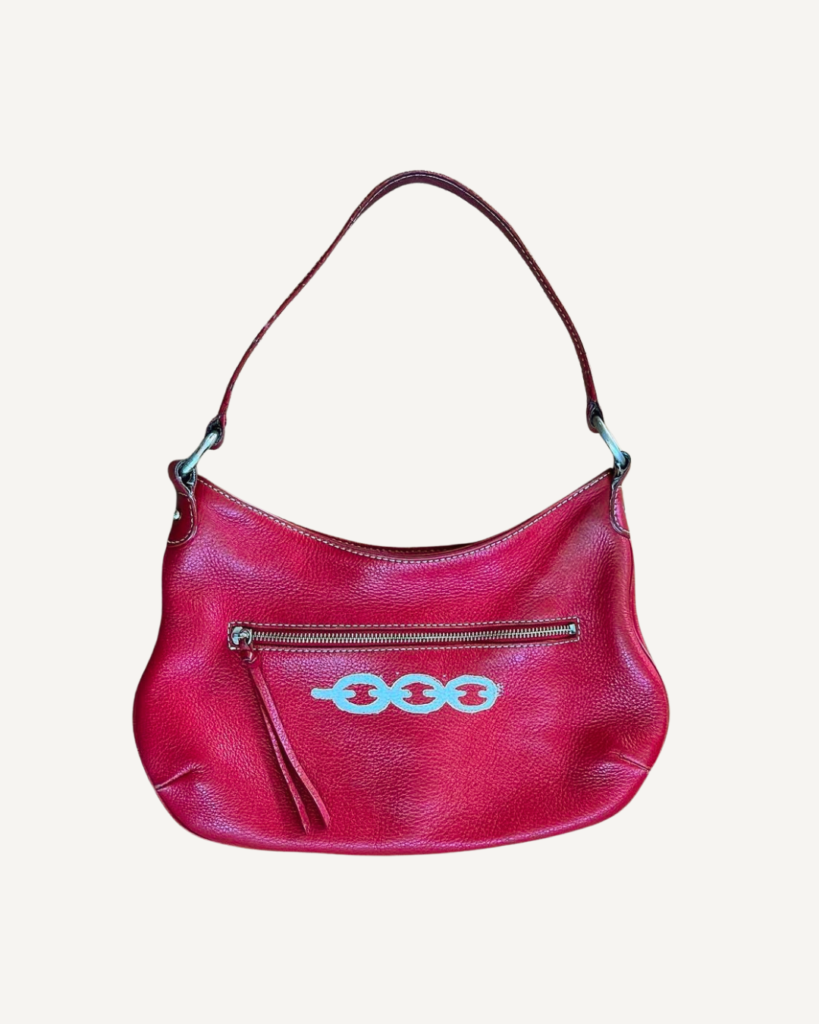 Red chain block printed hand bag